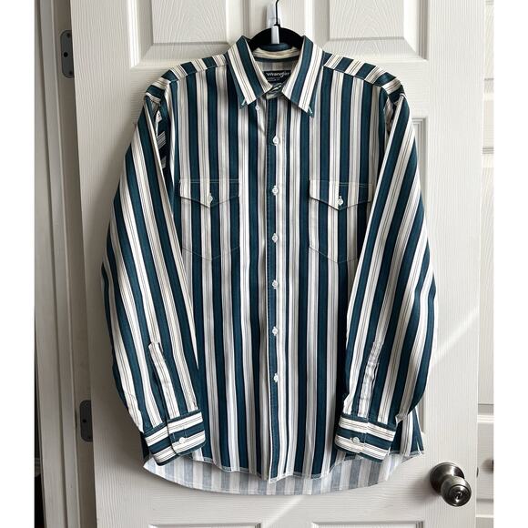 WRANGLER Vintage 90's Striped Cowboy Cut Reg Fit X-Long Tails Button Shirt 16x34 - Picture 2 of 13